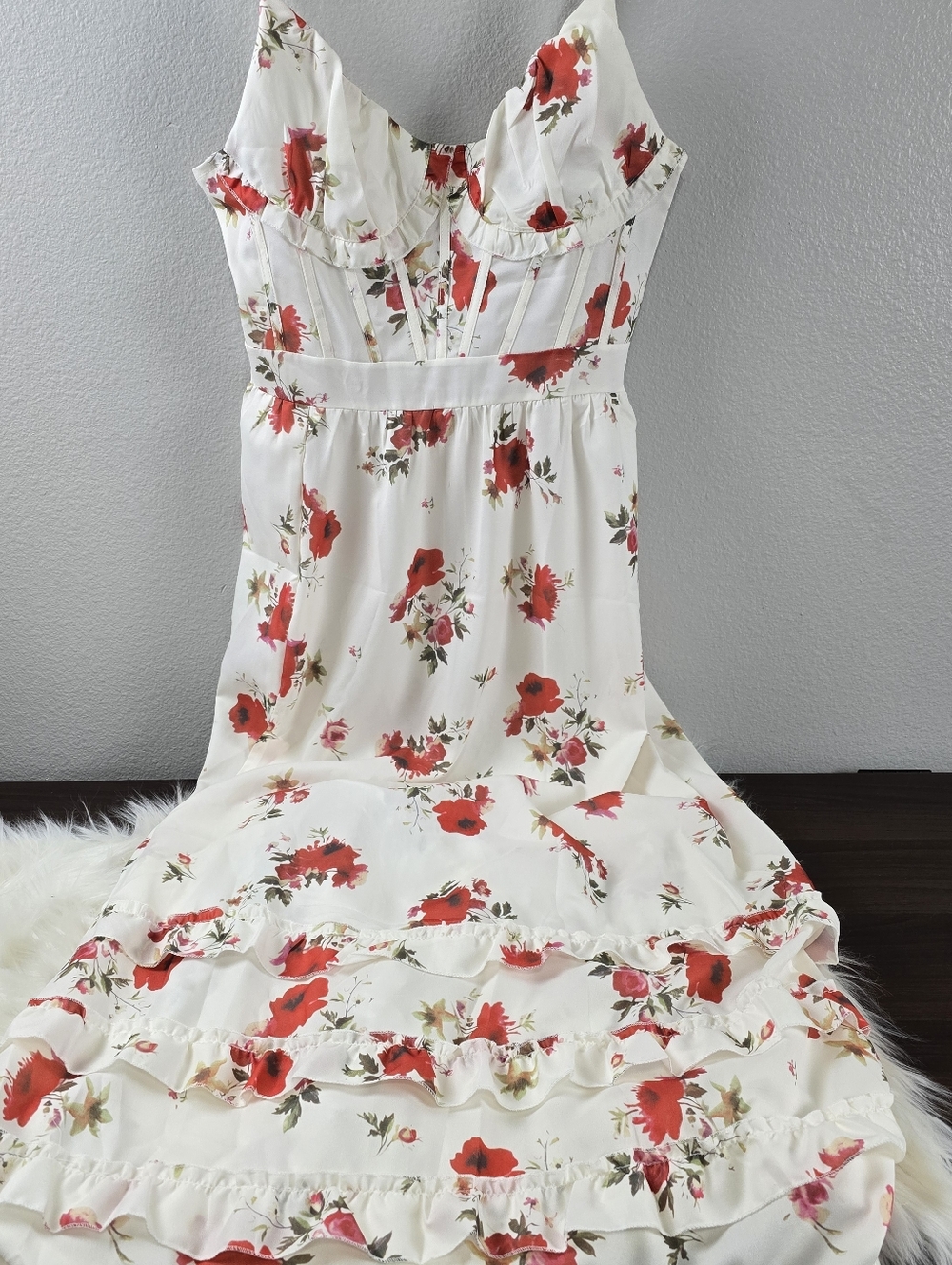 White Floral Maxi Dress with Red Poppy Print